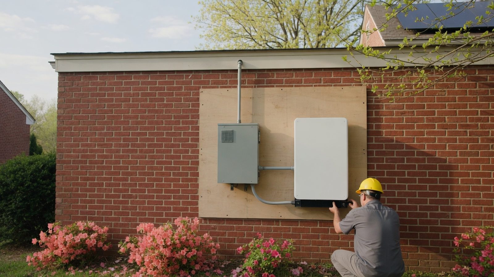 Installer kneeling beside a wall-mounted home battery and inverter on a brick house wall.