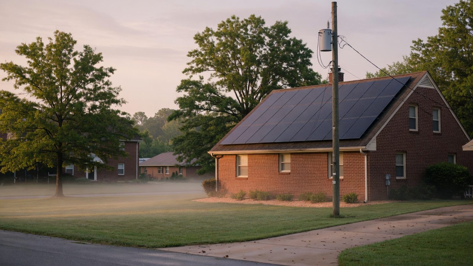 Utility pole and transformer at dawn beside a brick house with rooftop solar panels.