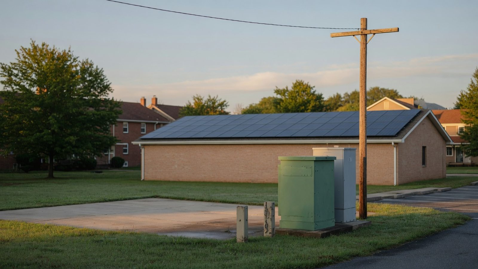 Padmount transformer and metering cabinet beside a parking lot at sunrise.