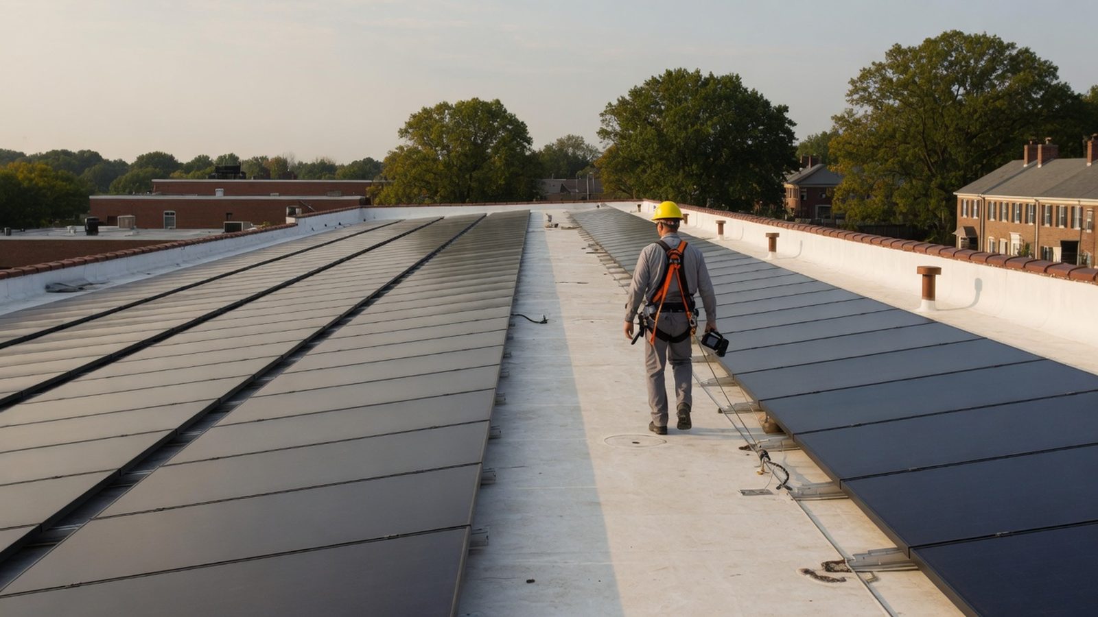 Technician in a harness and hard hat inspecting rows of panels on a flat commercial roof.