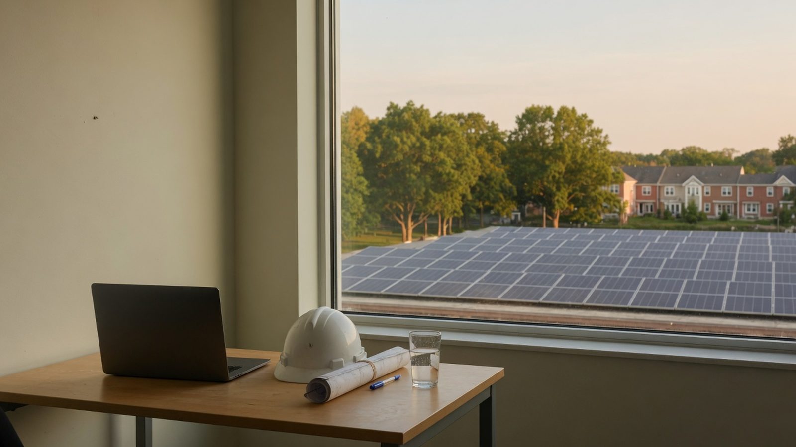 Office desk with a hard hat and rolled drawings facing a window onto a solar roof.