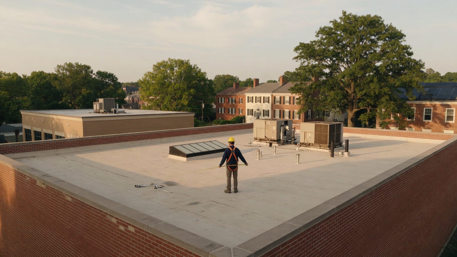 Empty flat commercial roof with air-conditioning units and a tree shadow, a surveyor in the distance.