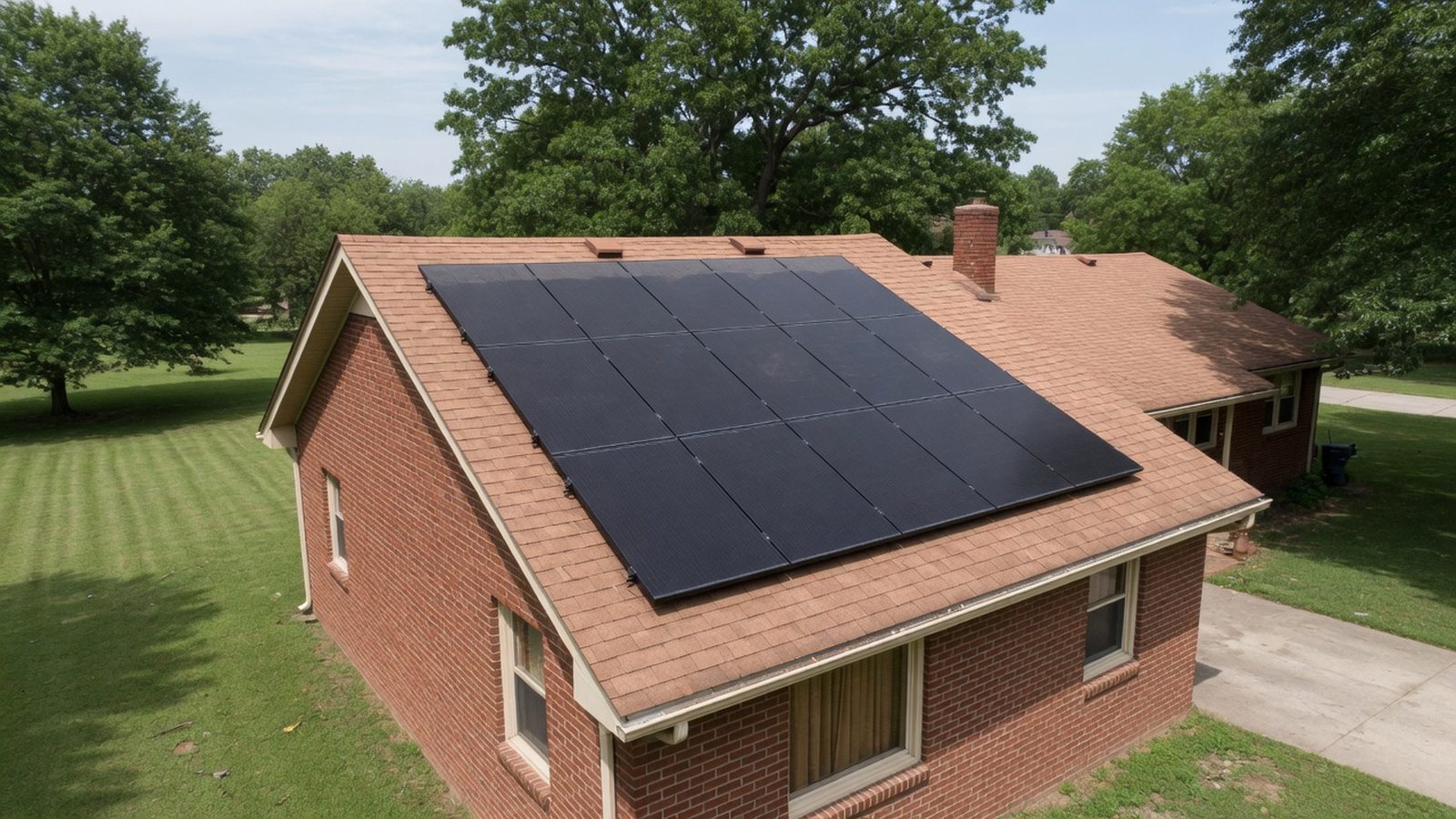 Brick split-level house with a neat block of twelve solar panels on its sunny roof.