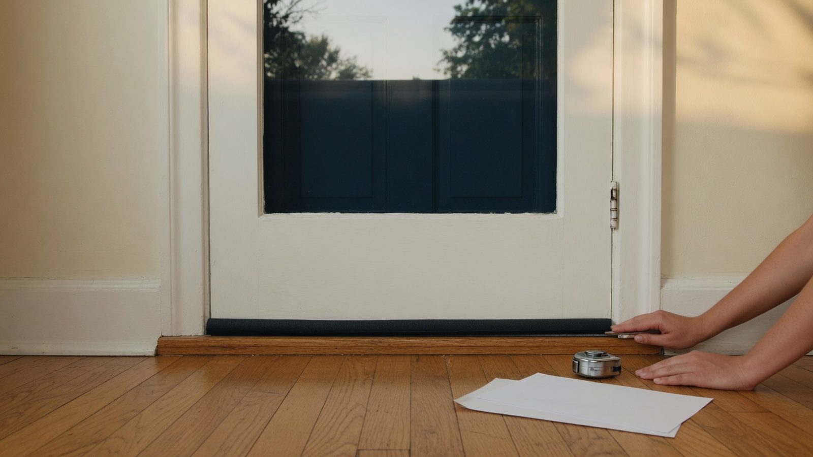Hands pressing weatherstripping into a white front-door frame in a sunny hallway.