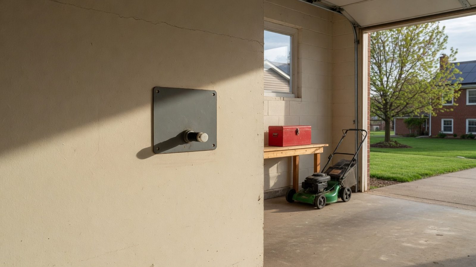 Bare garage wall with a mounting plate and capped conduit waiting for a battery.