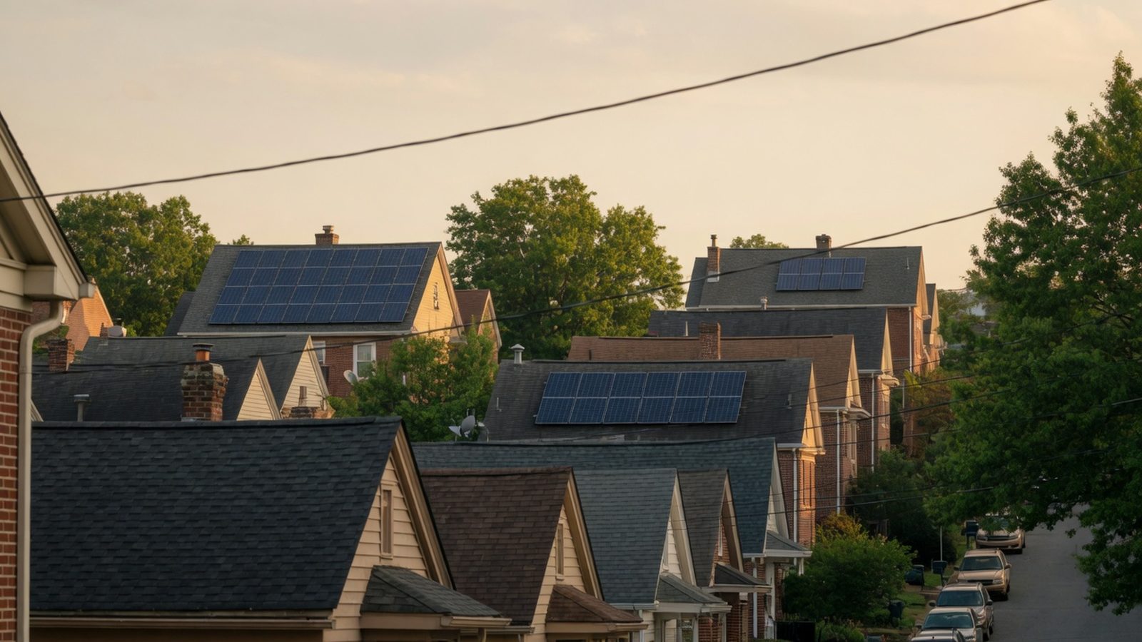 Row of suburban rooftops on a curving street, some with solar panels, in evening light.