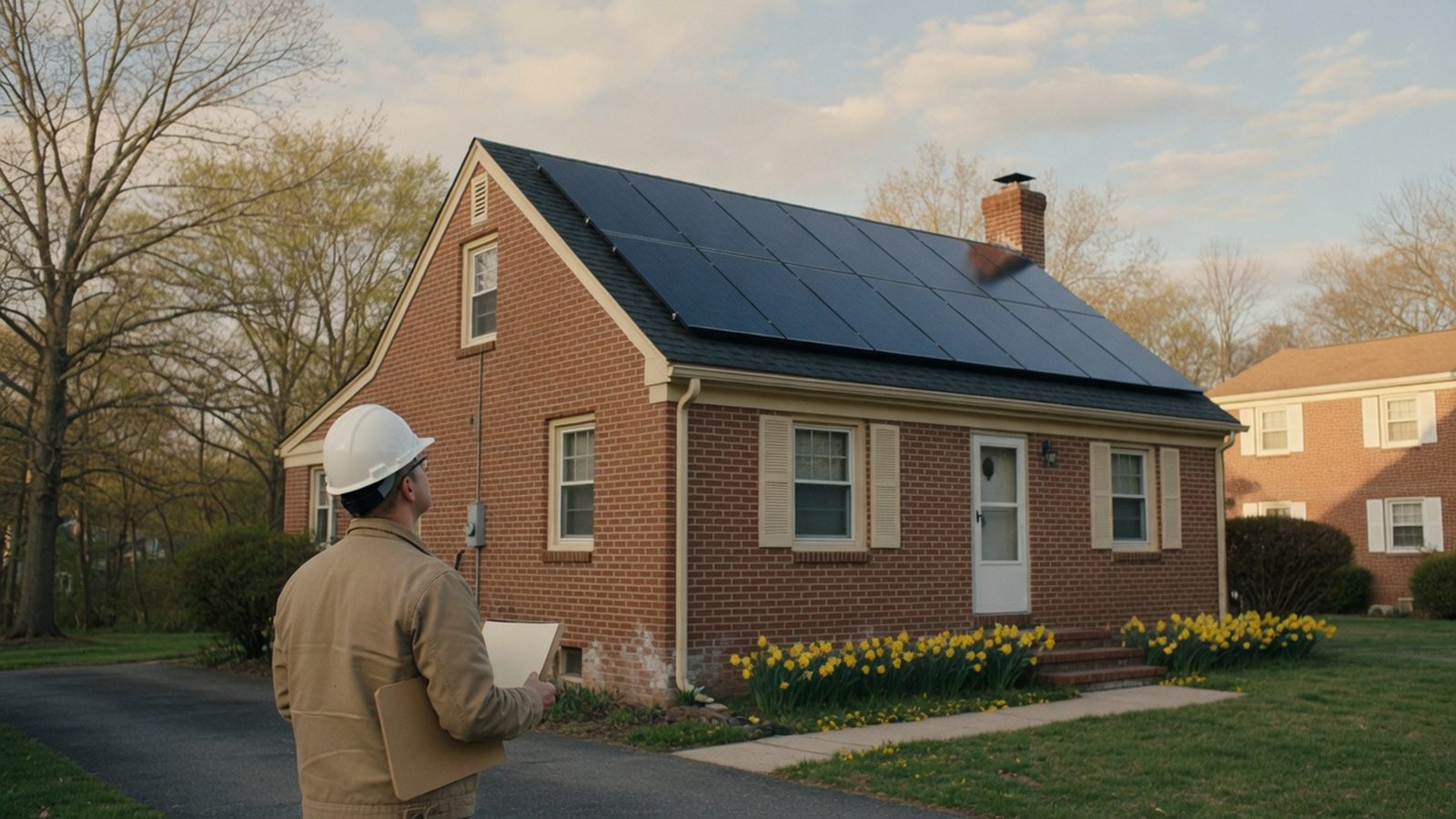 Inspector in a hard hat looking up at rooftop solar panels on a brick house.
