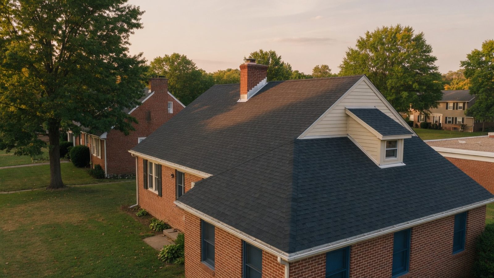 Brick colonial with a freshly finished charcoal shingle roof and no panels yet.