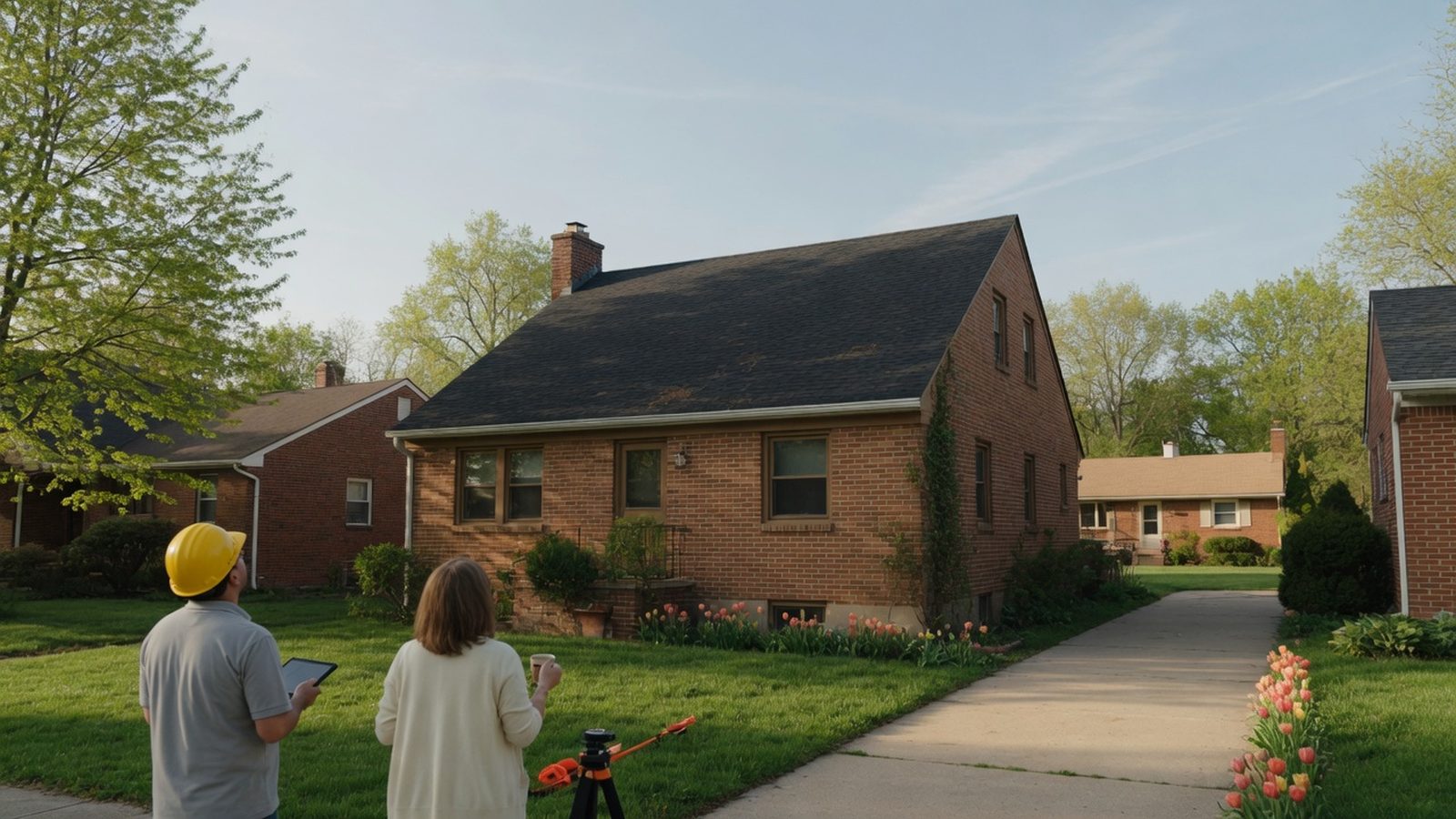 Surveyor and homeowner on a front lawn looking up at a brick house roof.