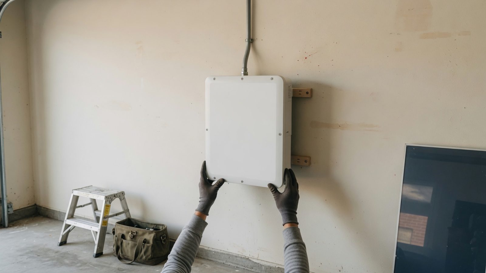 Gloved hands lifting a white solar inverter onto a bracket on a basement wall.