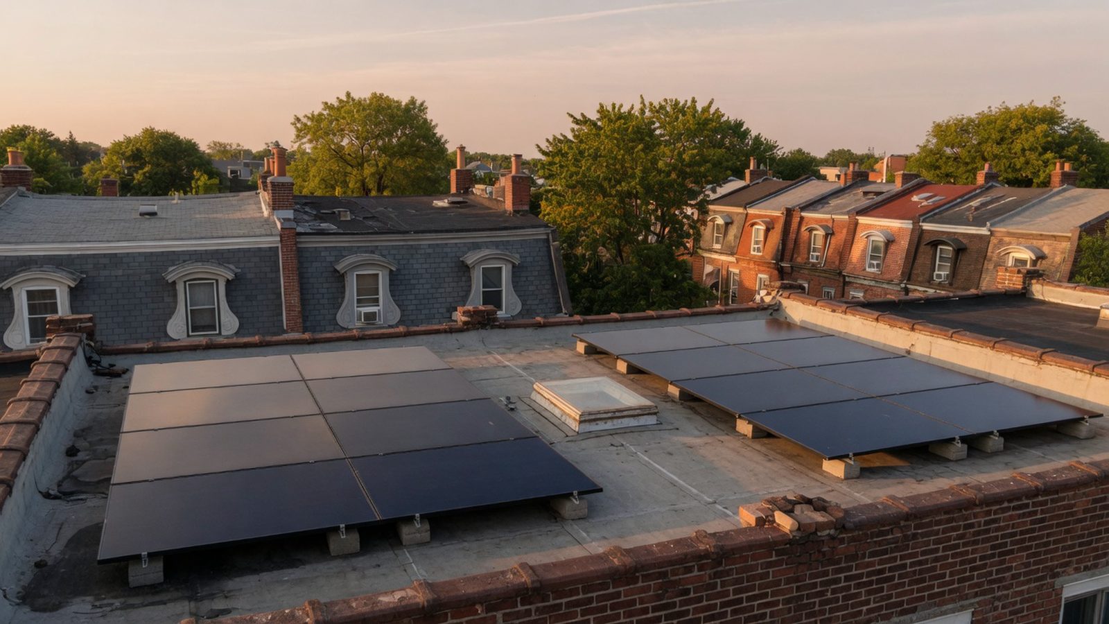 Solar panels on a flat rowhouse roof with brick roofs and a slate mansard beyond.