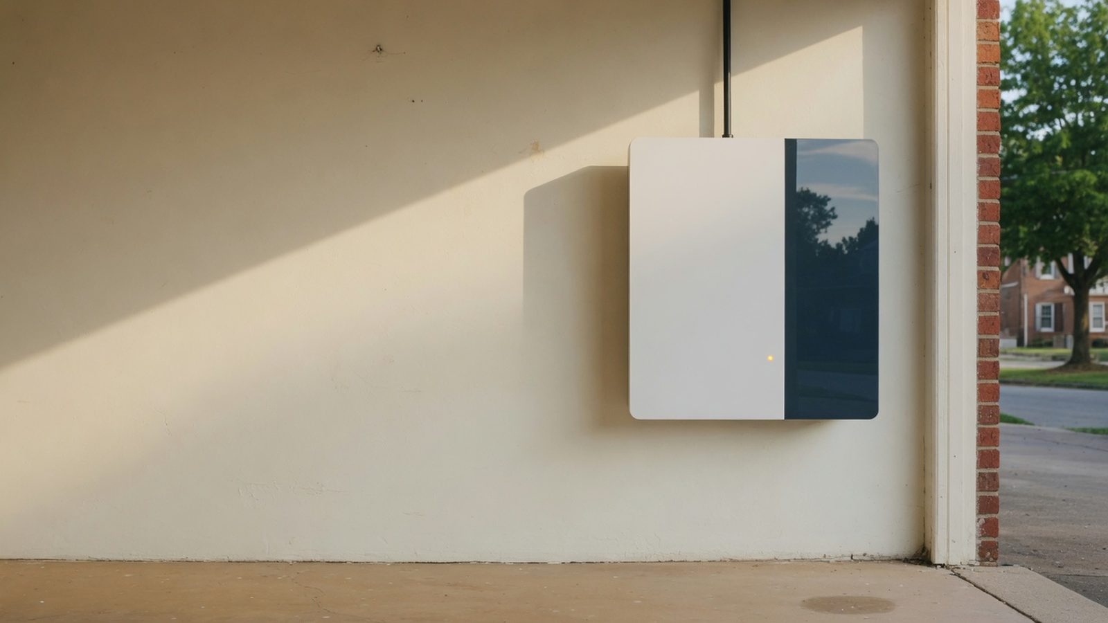 Wall-mounted solar inverter with a single soft status light on a pale garage wall.
