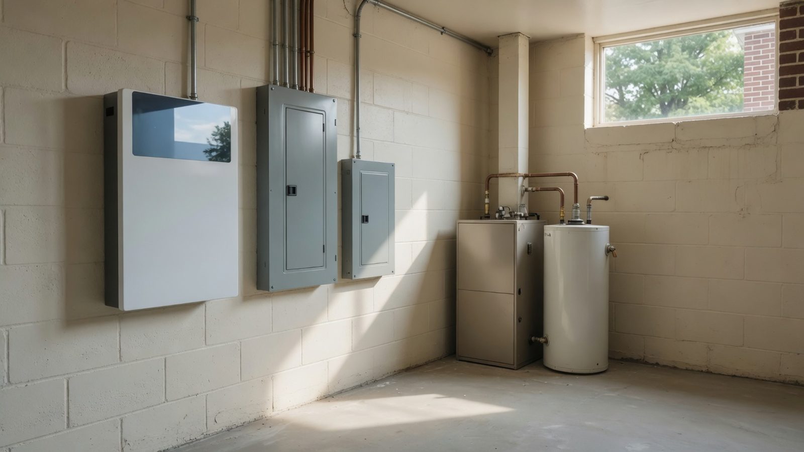 Wall-mounted home battery beside an electrical panel, furnace and water heater in a basement.