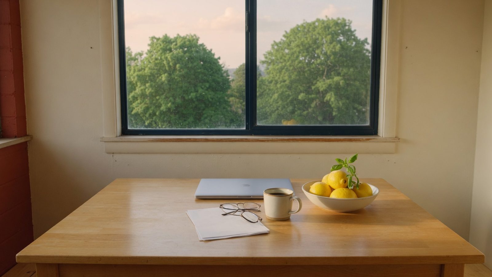 Kitchen table with coffee, reading glasses and papers in warm morning window light.