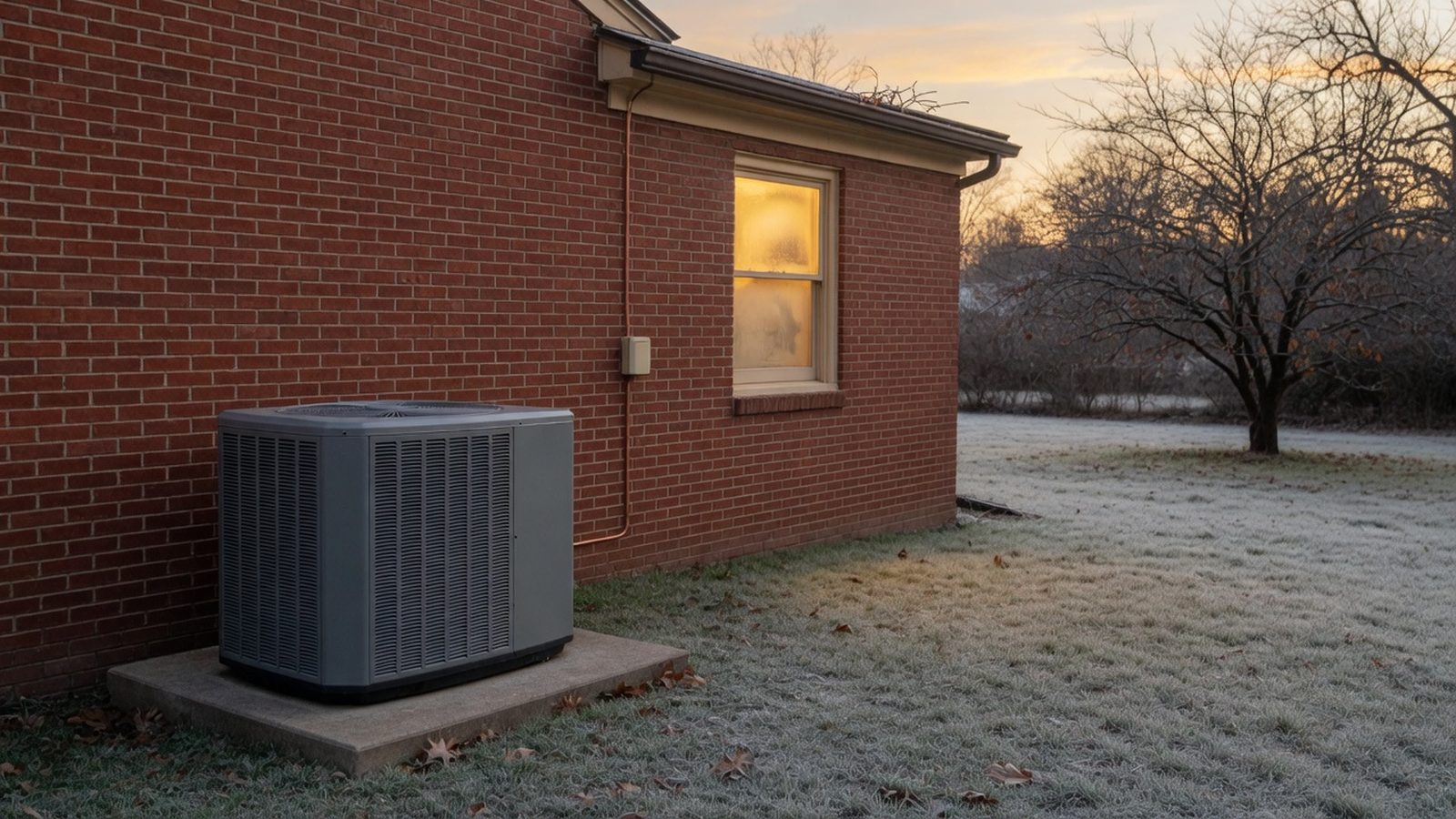Heat-pump outdoor unit beside a brick wall on a frosty winter morning.